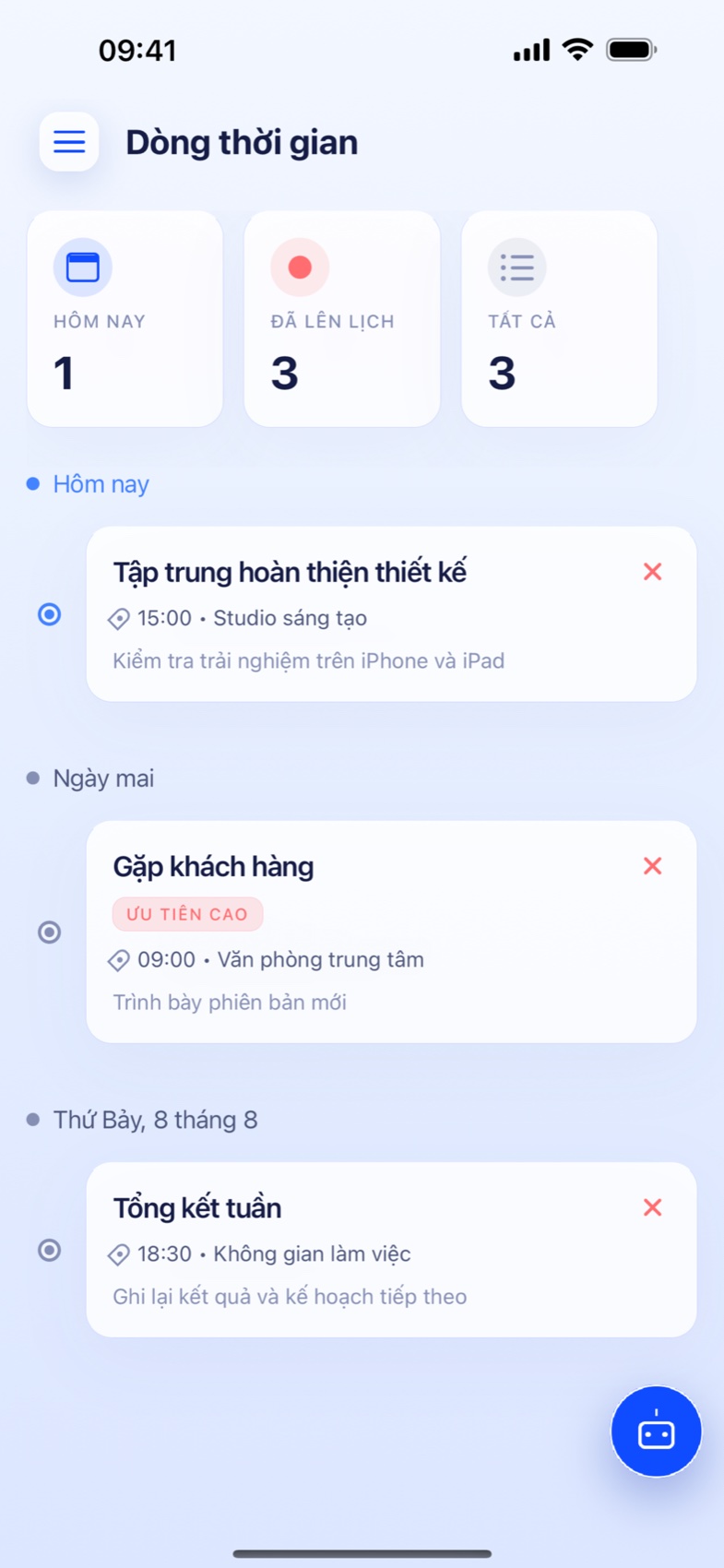 Giao diện dòng thời gian thực tế của Notiora