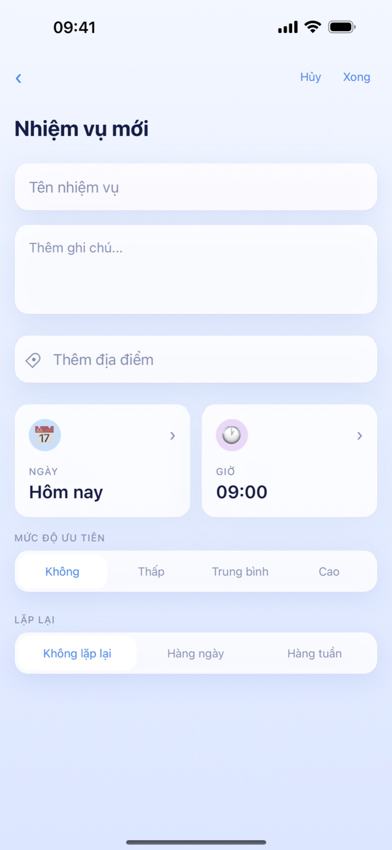 Màn hình tạo nhiệm vụ mới trong Notiora