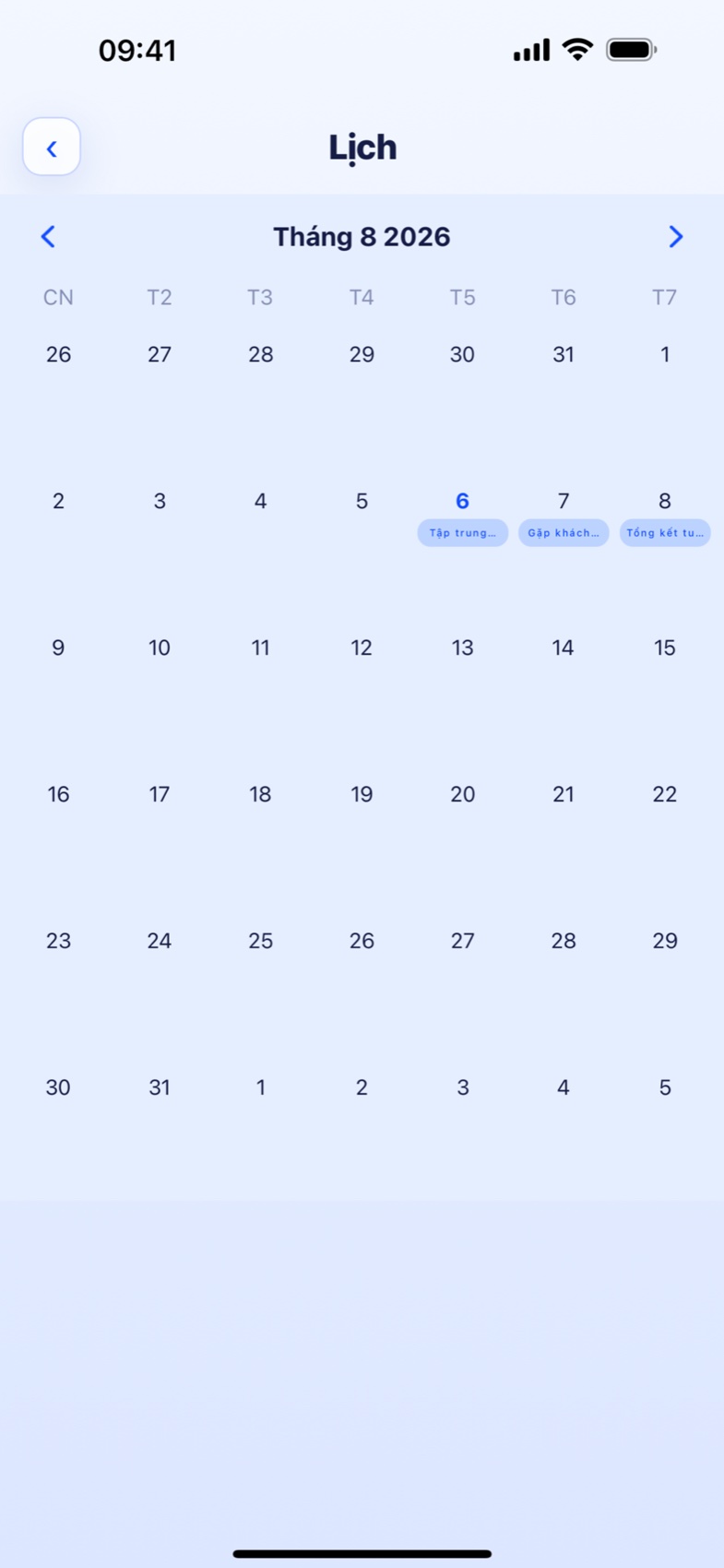 Giao diện lịch theo tháng của Notiora